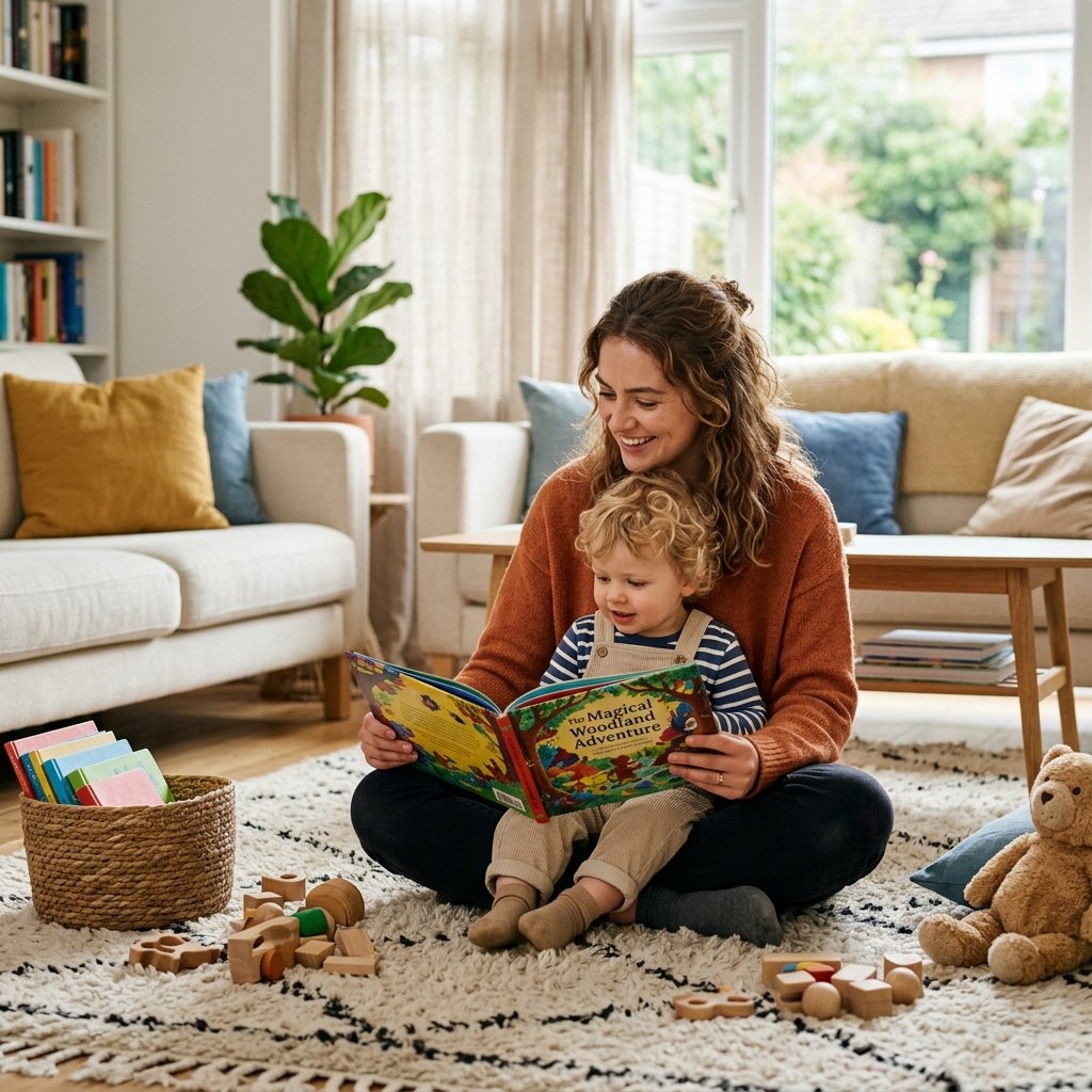 Babysitter reading a book with a child